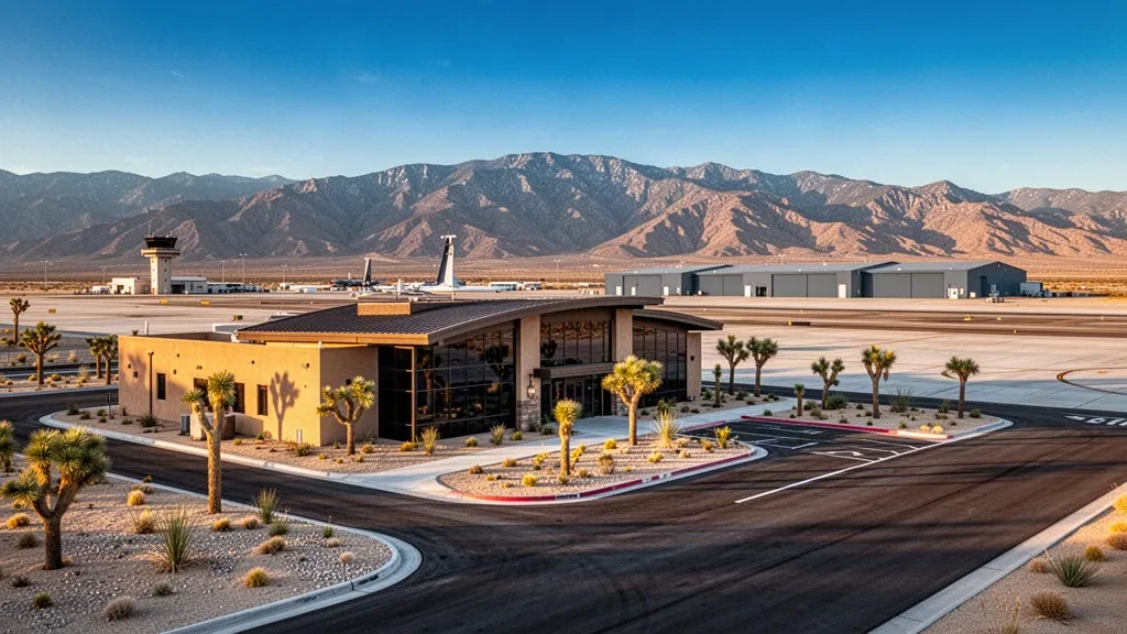 Mojave'de Palmdale Regional Havalimanı'nın çöl terminali ve apronunun geniş görünümü, dağlar ve altın saat ışığı eşliğinde