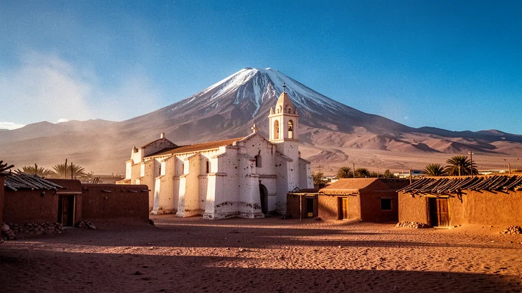 Église en adobe de San Pedro de Atacama avec le volcan Licancabur s'élevant derrière la place poussiéreuse dans le haut désert chilien