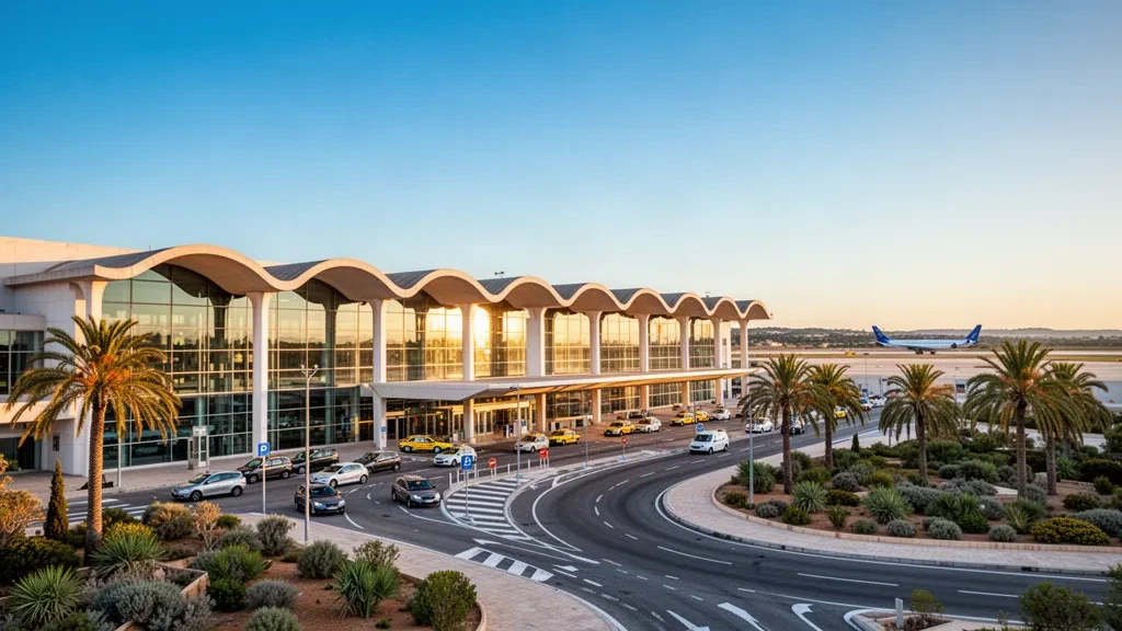 Außenansicht eines modernen gläsernen Terminals und Bringspuren am Flughafen Palma de Mallorca mit Palmen bei hellem mediterranem Licht.