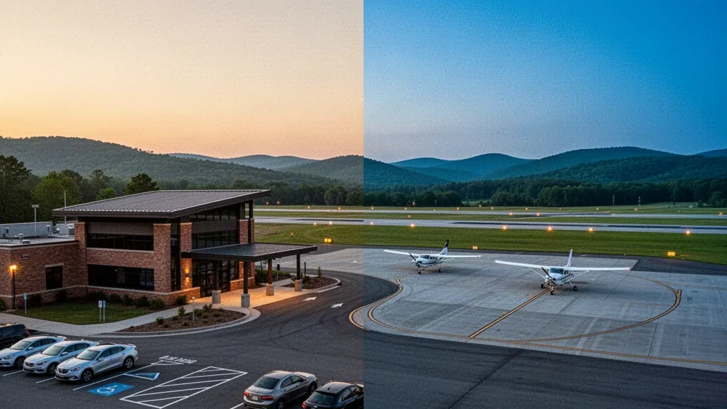 Pequeña terminal de aeropuerto regional, plataforma y aeronaves estacionadas durante la hora dorada en Portsmouth, Ohio