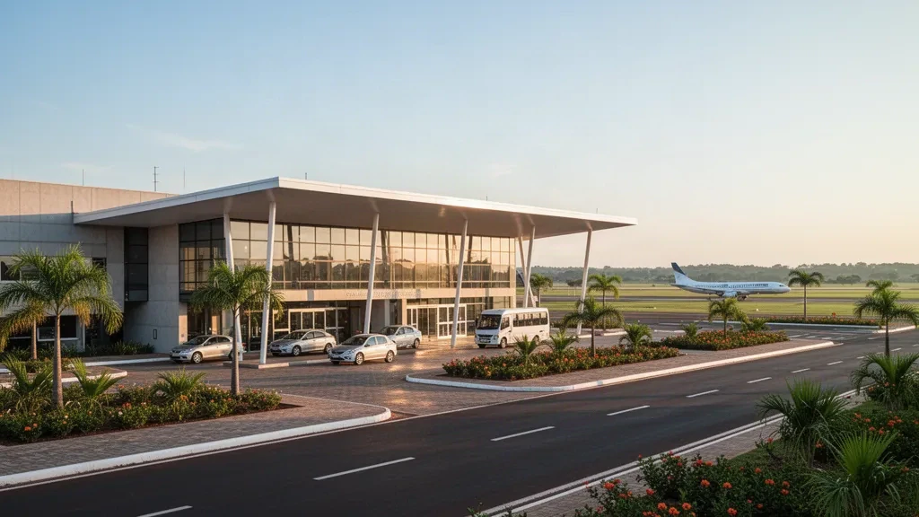 Extérieur moderne du terminal vitré de l'aéroport international de Ponta Porã au Brésil, avec une voie de dépose le long du trottoir dans la lumière chaude de fin d'après-midi