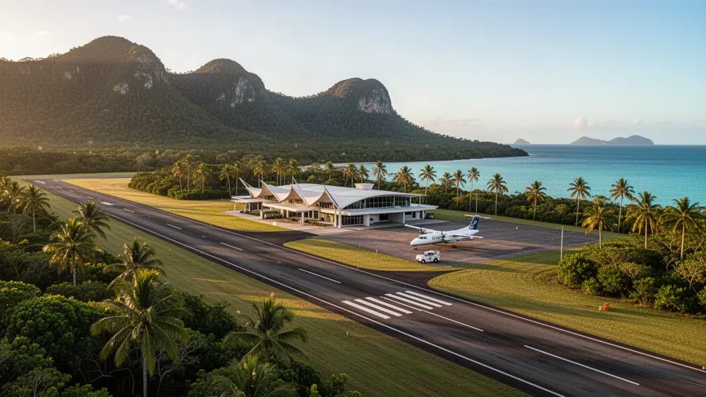 Piccola pista aeroportuale su un'isola tropicale con palme, un aereo regionale e il mare turchese a Great Palm Island, Queensland