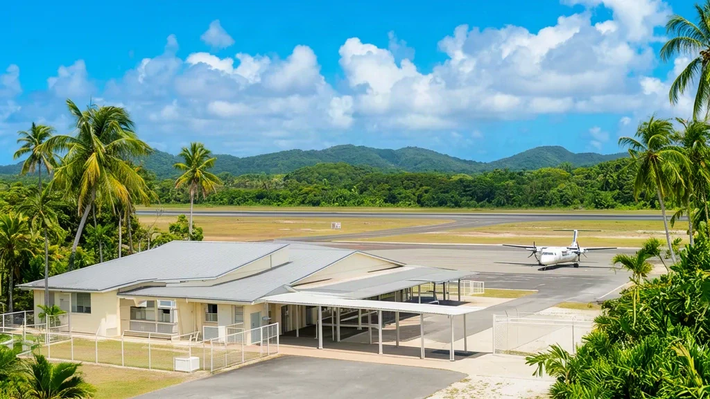 Queensland'deki Palm Island Havaalanı terminal binasının dış görünümü; tropikal palmiyeler ve apronda küçük bir bölgesel uçak.