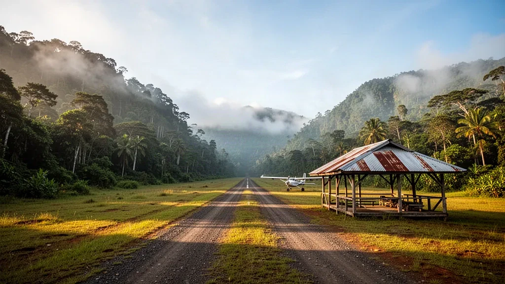 Remote tropical airstrip serving Pumani in Papua New Guinea, framed by rainforest and misty mountains under warm morning light.