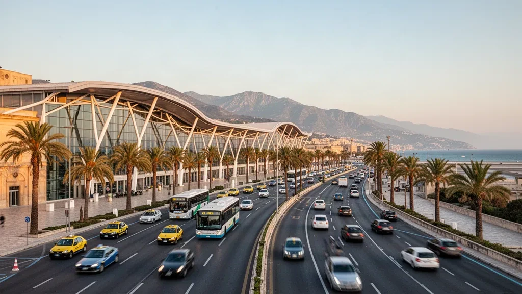 Modern terminal exterior at Falcone Borsellino Airport in Palermo, Sicily, with access roads and warm golden-hour light
