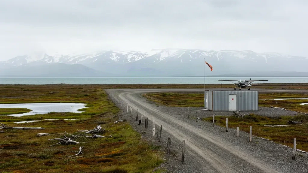 Piste en gravier isolée et petit abri utilitaire à l'aéroport de Port Moller en Alaska, entourés de toundra avec des montagnes au loin sous un ciel côtier couvert