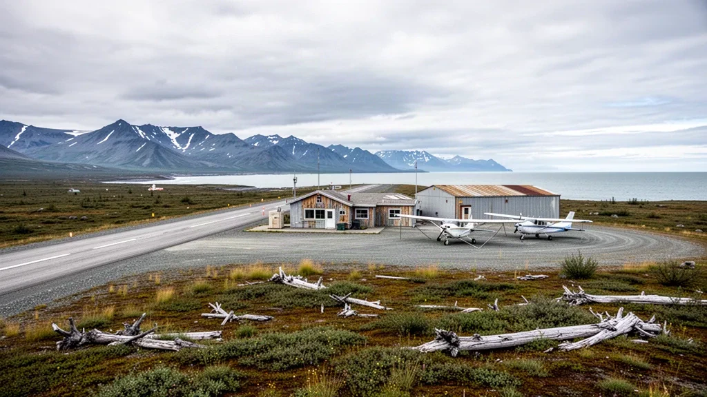 Pista in ghiaia remota dell'Aeroporto di Port Moller e piccolo edificio terminal sulla costa della Penisola di Alaska sotto cieli settentrionali coperti