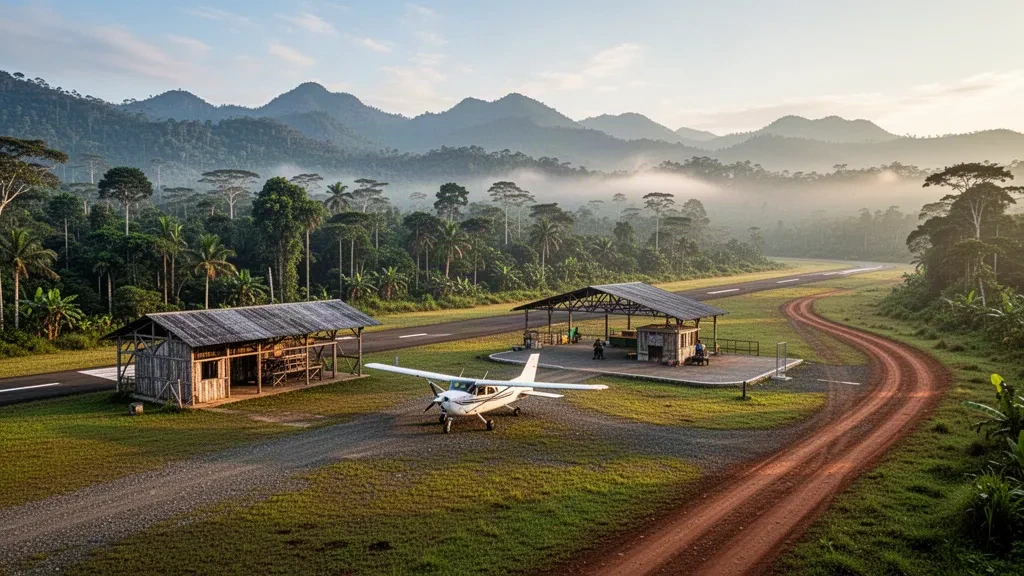 Una pequeña pista de aterrizaje rural en las tierras altas de Papúa Nueva Guinea que sirve al aeropuerto de Pimaga, con bosque tropical y crestas montañosas bajo una luz suave.
