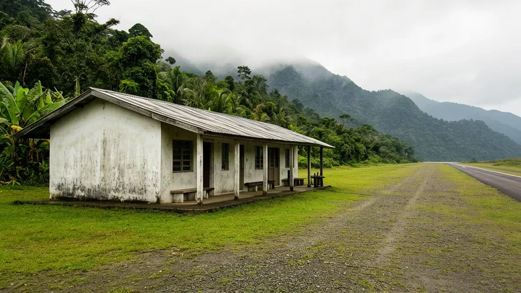 Exterior de una pequeña terminal rural en el aeropuerto de Pimaga PMP en Papúa Nueva Guinea, rodeada de paisaje verde de tierras altas y una pista de hierba.