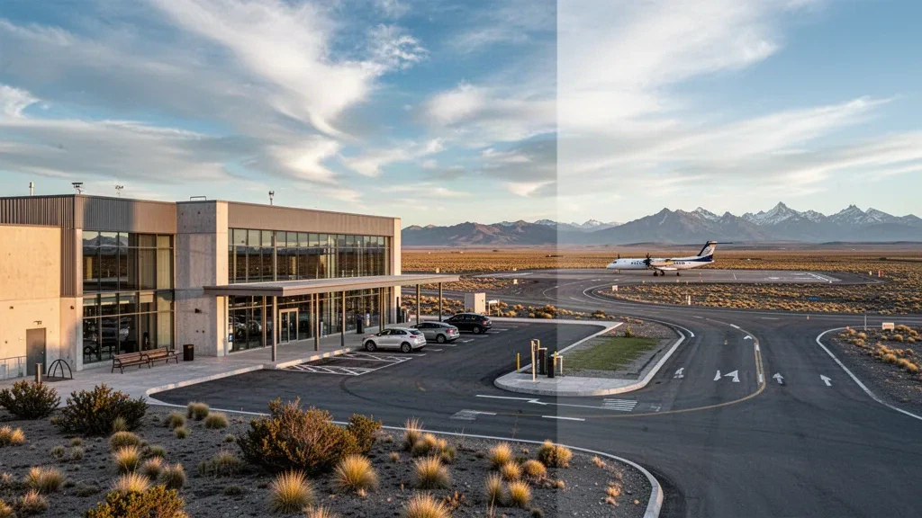 Terminal moderna y plataforma del Aeropuerto Perito Moreno Jalil Hamer bajo un amplio cielo patagónico durante la hora dorada