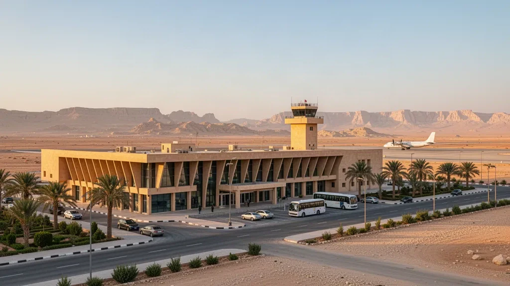 Façade du terminal de l'aéroport de Palmyre et voie de dépose dans le désert syrien près de Tadmur à l'heure dorée