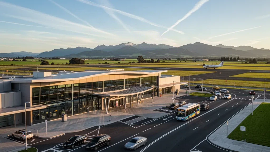 Terminal moderno, corsie di sosta e pista dell'aeroporto di Palmerston North in Nuova Zelanda durante l'ora d'oro, con campi verdi e le Tararua Ranges sullo sfondo.