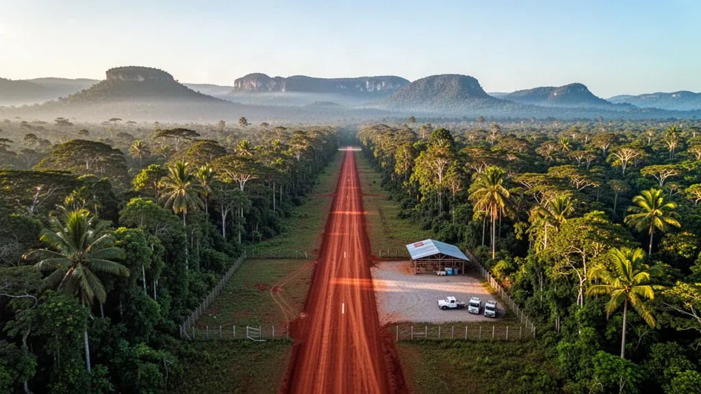 Remota pista de aterrizaje del aeropuerto de Paramakatoi en Guyana, una pista de tierra roja que atraviesa la densa selva tropical hacia montañas brumosas durante la hora dorada.