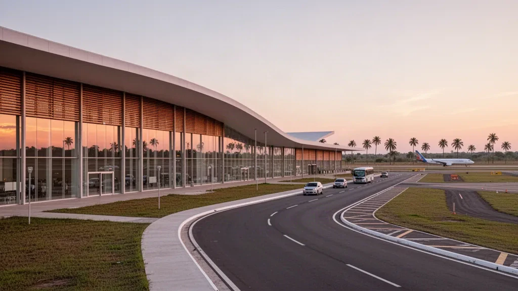 Modern glass terminal of Palmas Airport in Tocantins, Brazil, glowing at golden hour beside cerrado landscape and clear tropical sky