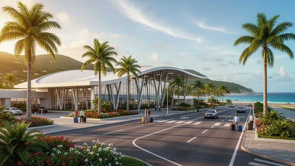 Extérieur moderne du terminal de l'aéroport international Del Caribe Santiago Mariño sur l'île de Margarita, au Venezuela, avec des palmiers et une lumière dorée de fin de journée