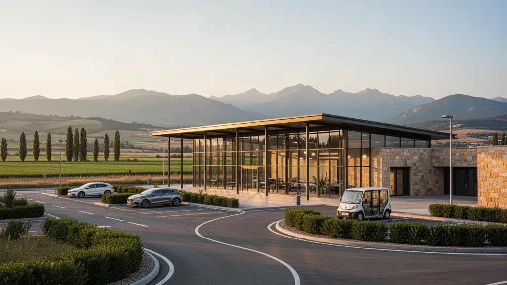 Modern glass terminal exterior at Pamplona Airport in Navarra, Spain, with access roads, vehicles and countryside at golden hour