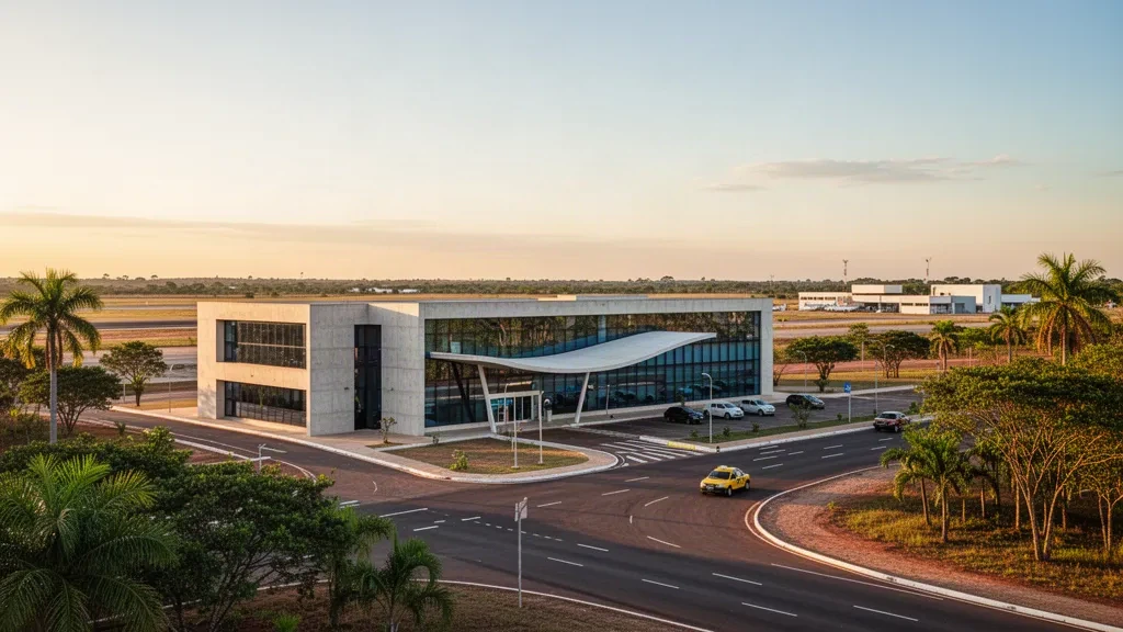 Modern terminal exterior and access road at Porto Nacional Airport in Tocantins, Brazil, surrounded by tropical cerrado at golden hour.