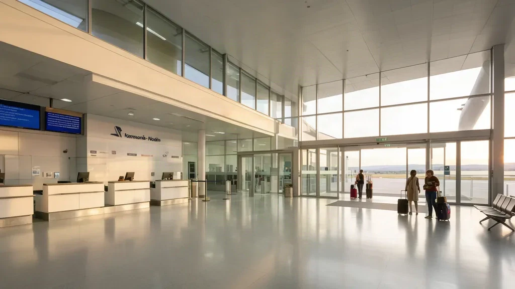 Helles Inneres des Passagierterminals am Flughafen Pamplona (PNA) in Navarra, Spanien, mit Check-in-Schaltern und wartenden Reisenden