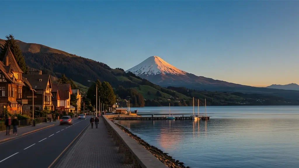 Blick zur goldenen Stunde über den Llanquihue-See und den Vulkan Osorno von der Uferpromenade in Los Lagos in Chile