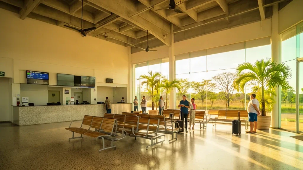 Innenbereich des bescheidenen Passagierterminals am Flughafen Porto Nacional in Tocantins, Brasilien, mit Check-in-Schaltern und wartenden Reisenden