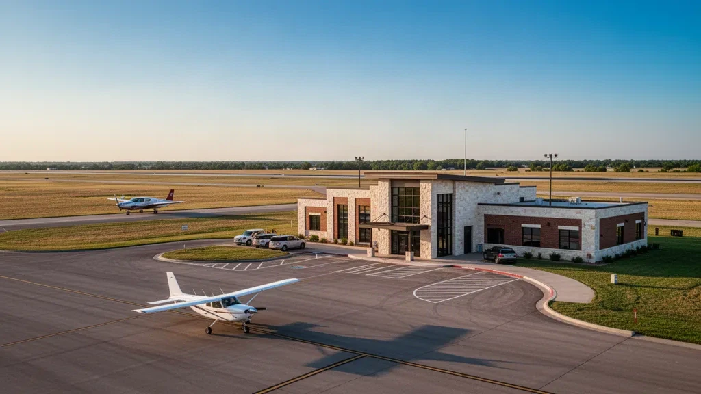 Oklahoma'daki Ponca City Regional Havalimanı'nda sıcak altın saat ışığı altında tek katlı terminal ve taksi yolu, ötesinde bozkır ve pist