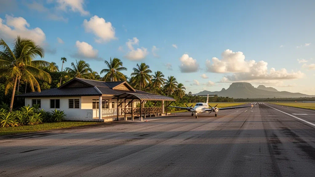 Tropischer Flughafen Punta Gorda in Belize mit kleinem Terminal, Palmen und einem zweimotorigen Flugzeug auf der Startbahn zur goldenen Stunde.