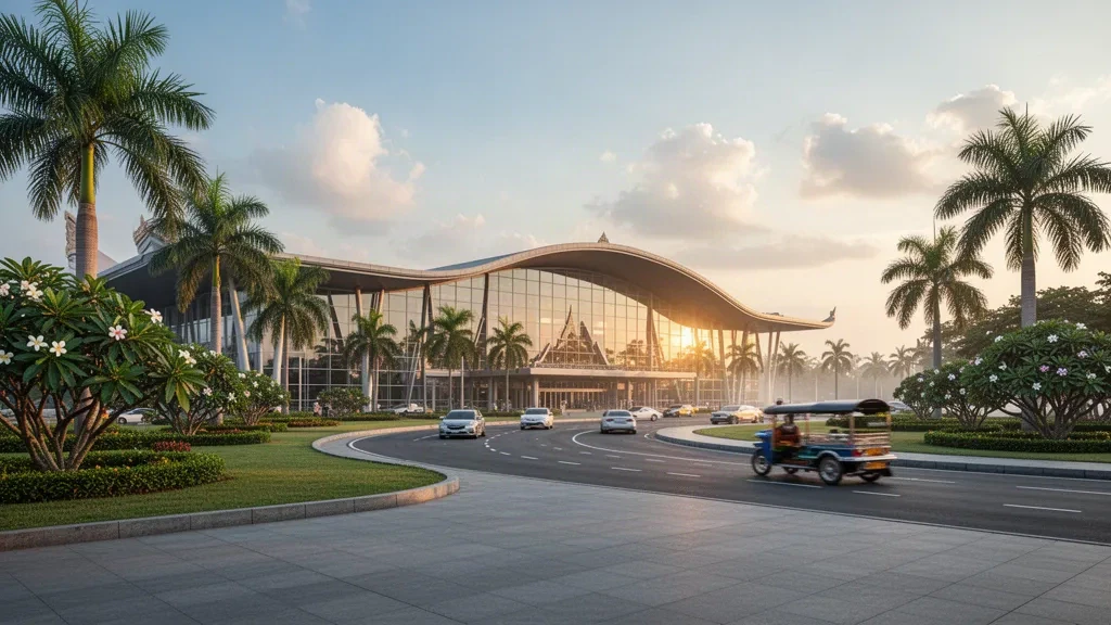 Modern glass terminal exterior at Phnom Penh International Airport with palm trees and a drop-off lane at golden hour