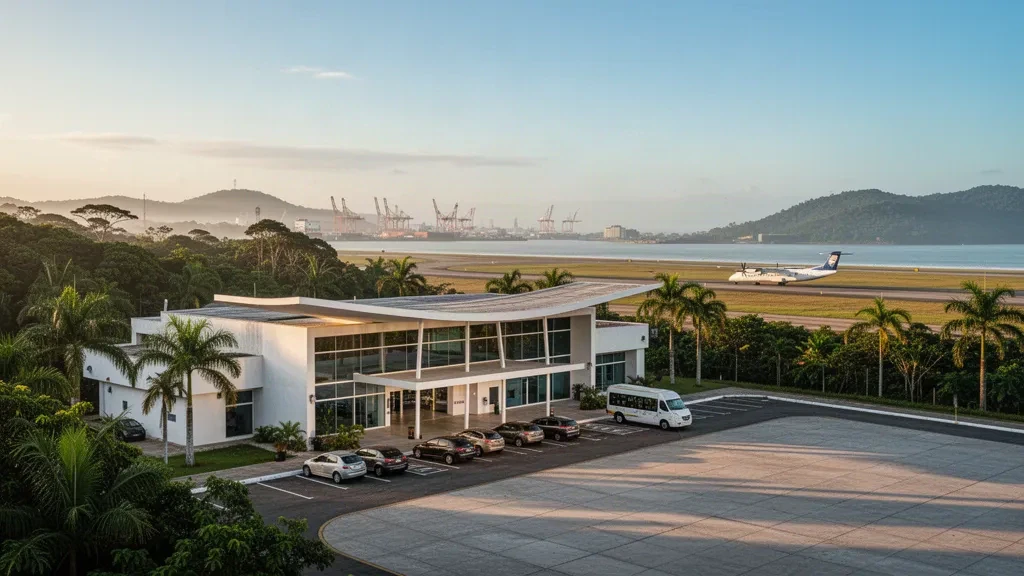 Modernes Terminal und Ausstiegsbereich am Flughafen Paranaguá in Paraná, Brasilien, eingerahmt von Palmen und Atlantischem Regenwald zur goldenen Stunde