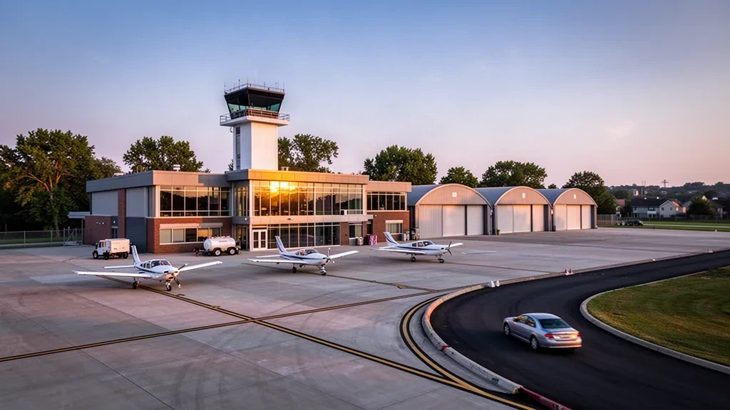 Terminal moderne d'aviation générale, tour de contrôle et aéronefs légers sur le tarmac de l'aéroport du nord-est de Philadelphie à l'heure dorée