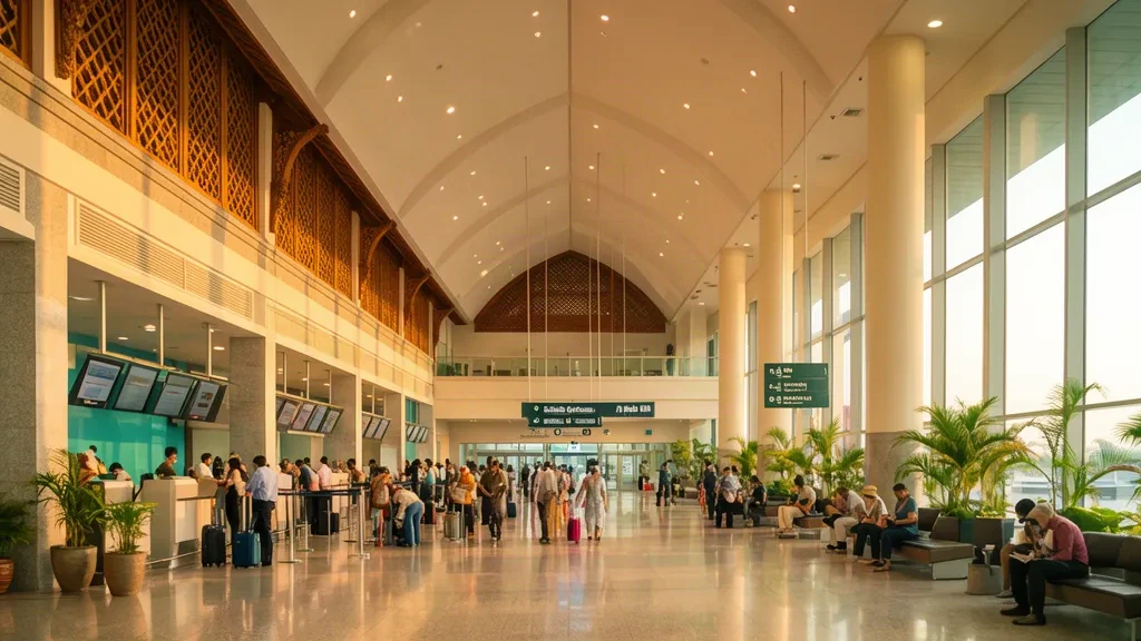 Viajeros caminando por la luminosa sala de salidas del Aeropuerto Internacional de Phnom Penh en Camboya