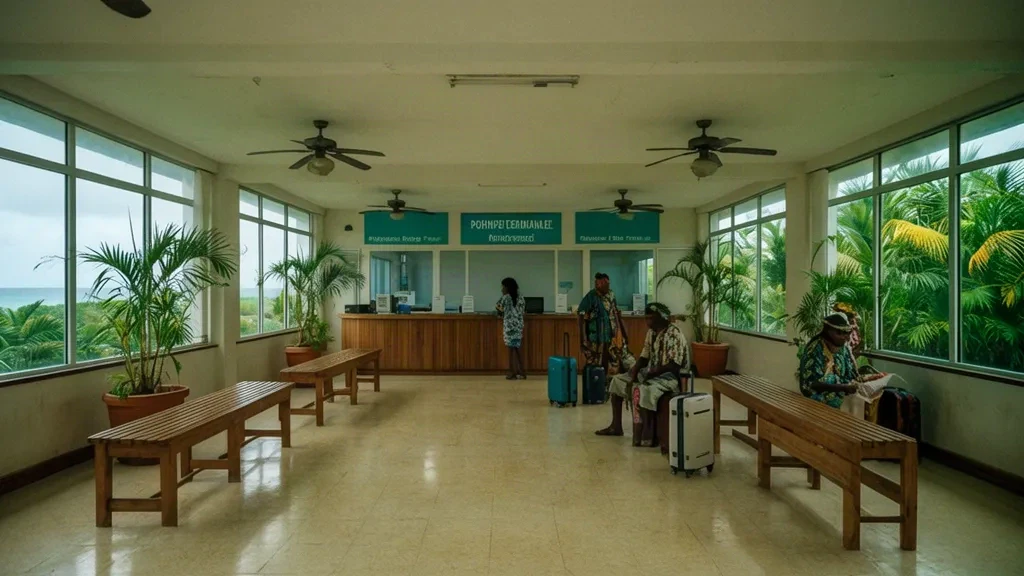 Innenraum des Terminals des Pohnpei International Airport mit tropischem Licht, Inselarchitektur und Reisenden in der Abflughalle.