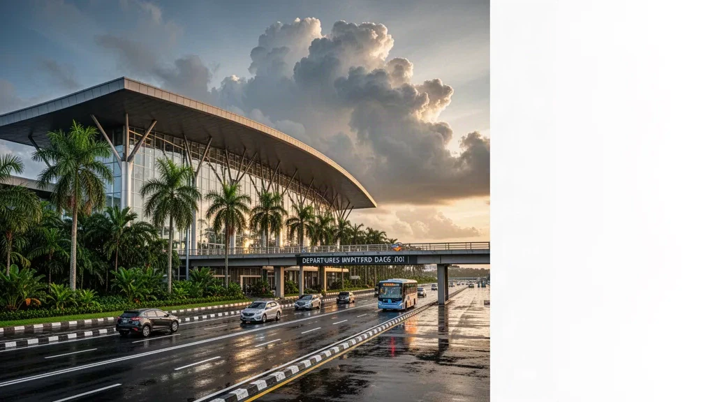 Modern glass terminal and palm-lined drop-off lanes at Supadio International Airport in Pontianak under a tropical late-afternoon sky