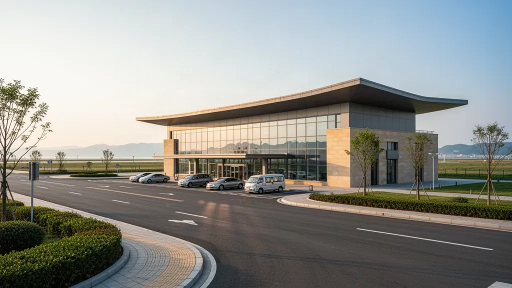 Modernes Flughafenterminal aus Glas mit geschwungenem Dach und Vorfahrtstraße am Flughafen Penglai Shahekou an der Küste von Yantai in Shandong.