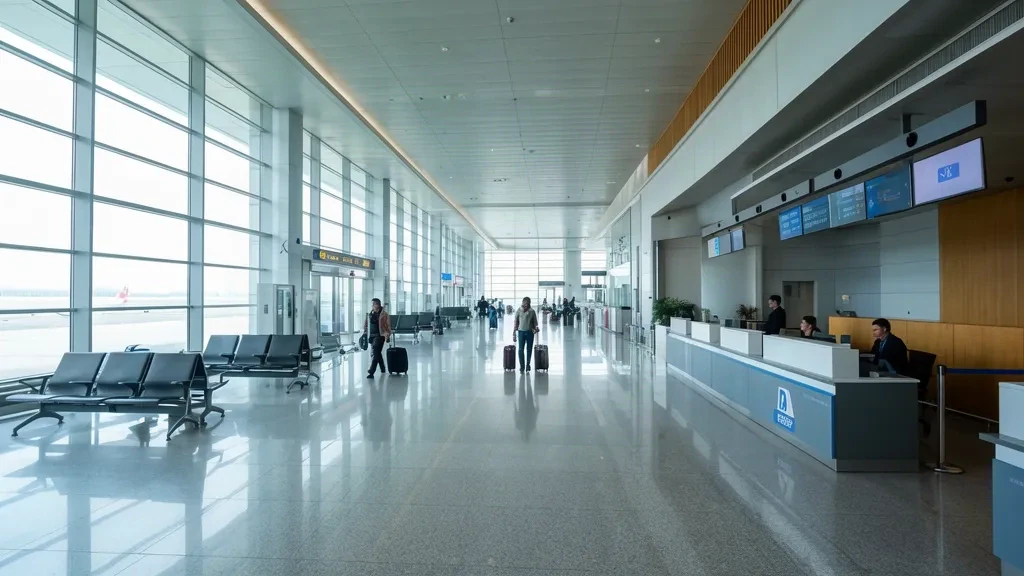 Innenansicht des Terminals des Flughafens Penglai Shahekou PNJ in Shandong, China, mit Reisenden und Tageslicht in der Abflughalle.