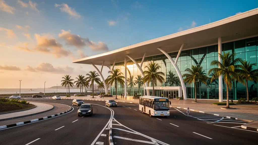 Modern glass terminal and drop-off lanes at Antonio Agostinho-Neto International Airport in Pointe-Noire at golden hour