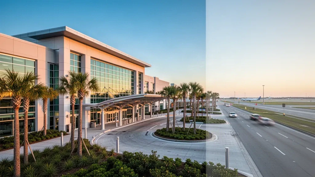 Moderne Glasfassade des Terminals und palmengesäumte Vorfahrtspur am Pensacola International Airport in Florida zur goldenen Stunde