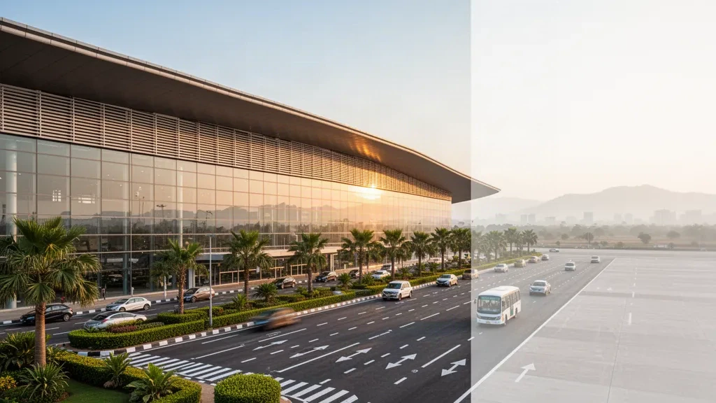 Pune Uluslararası Havalimanı'nda kavisli çatılı modern cam terminal binasının dış cephesi, yolcu indirme şeritleri ve sıcak altın saat ışığı