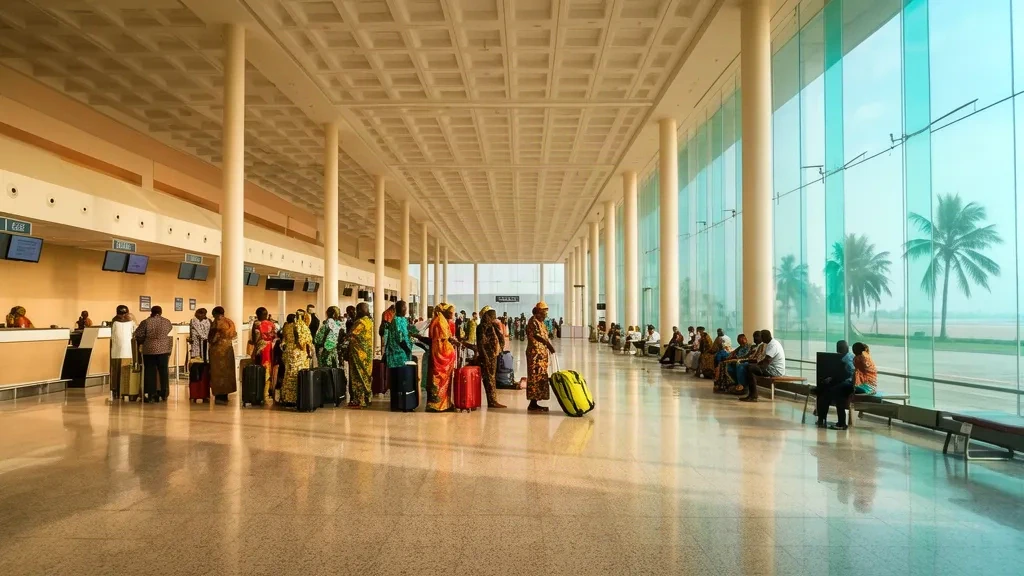 Helle Abflughalle im Antonio Agostinho Neto International Airport in Pointe-Noire mit Reisenden und Check-in-Schaltern