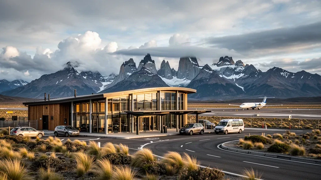Modernes niedriges Terminal am Flughafen Teniente Julio Gallardo in Puerto Natales, Chile, eingerahmt von schneebedeckten Gipfeln Patagoniens zur goldenen Stunde