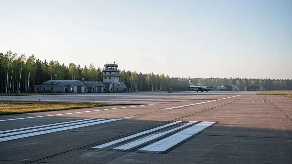 Concrete runway and low control tower at Panevėžys Air Base in Lithuania under a clear late-afternoon sky