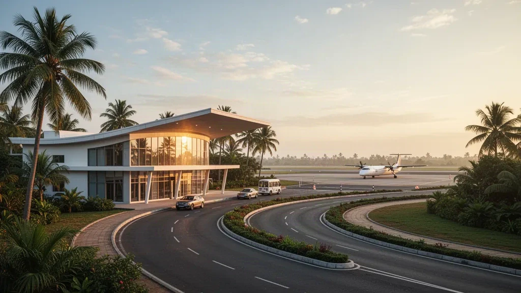 Pondicherry Airport terminal and palm-lined access road at golden hour in Lawspet, Puducherry, India, with a turboprop on the apron