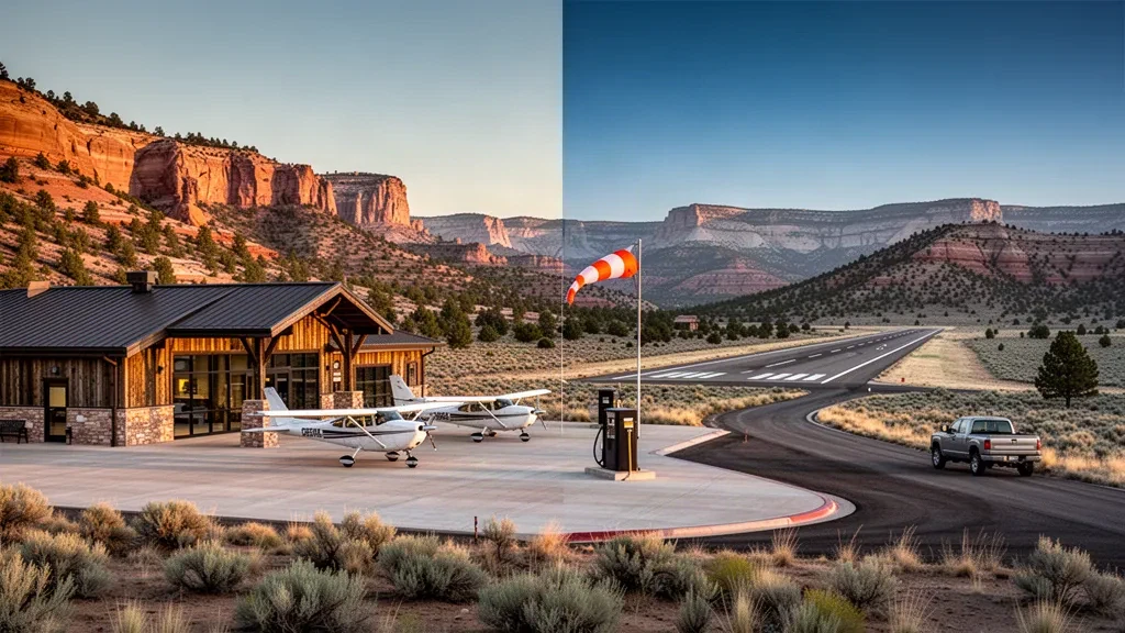 Petit aéroport d'aviation générale près de Panguitch, dans l'Utah, avec une piste pittoresque, des avions à hélice stationnés et des falaises de grès rouge à l'heure dorée.