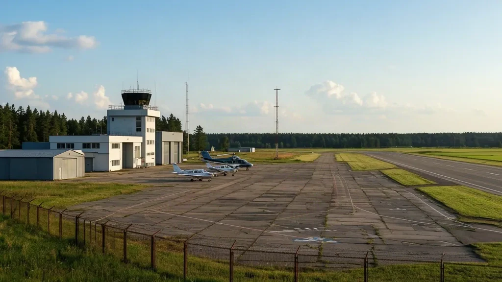 Panevėžys Air Base in Lithuania with its concrete runway, low terminal building and light aircraft parked on the apron under clear skies