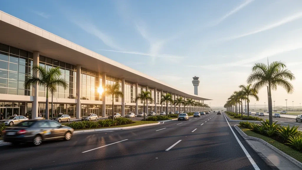 Terminal moderno de vidrio y carriles de bajada en la acera del Aeropuerto Internacional Porto Alegre Salgado Filho durante la hora dorada