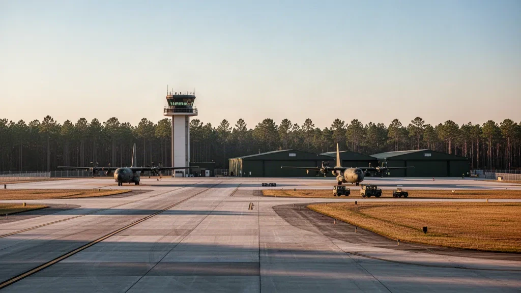 Pope Army Airfield bei Fayetteville, North Carolina, mit Kontrollturm, Hangars und abgestellten Transportflugzeugen auf dem Vorfeld zur goldenen Stunde