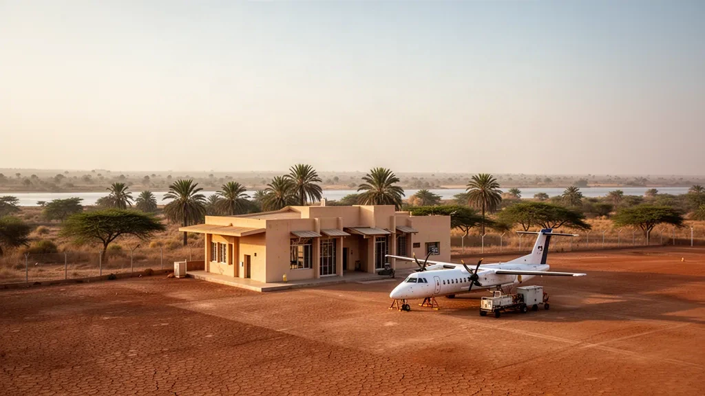 Eingeschossiges Terminal und sonniges Vorfeld am Flughafen Podor im Norden Senegals, umrahmt von trockenem Sahel-Buschland und Palmen