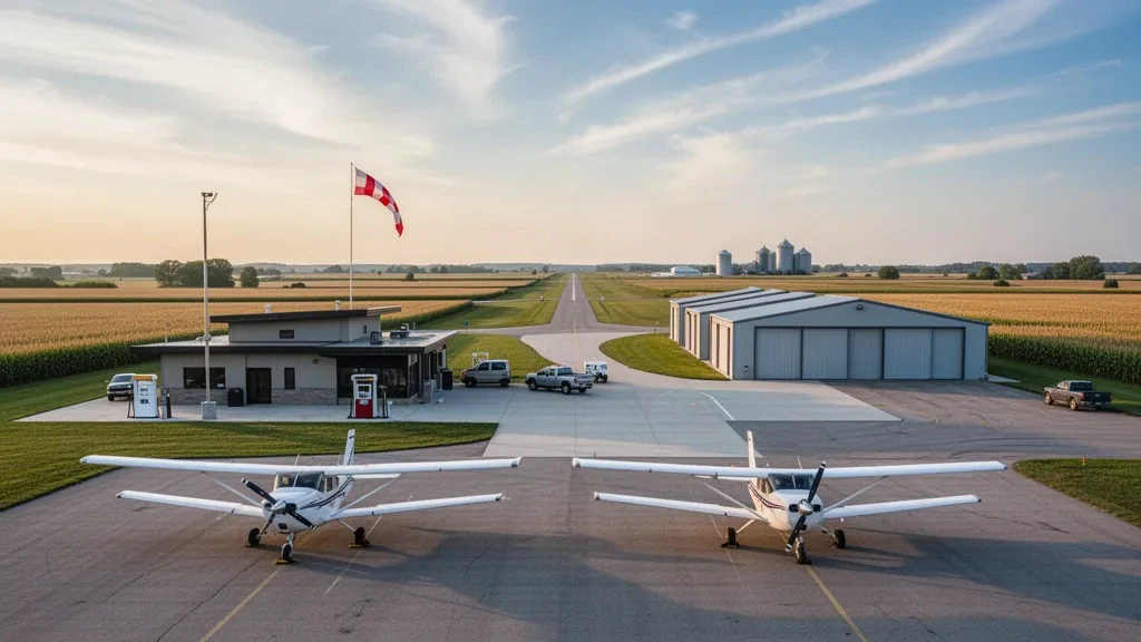 Light single-engine aircraft parked on the apron at Pocahontas Municipal Airport in Iowa, with hangars, runway and farmland in golden evening light.