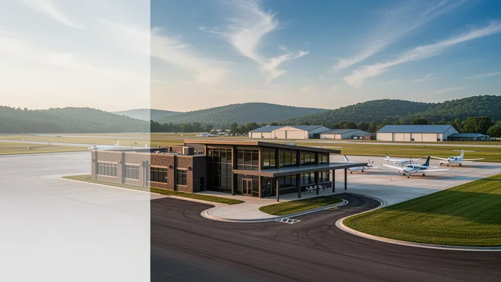 Kleines Terminalgebäude der allgemeinen Luftfahrt und abgestellte Leichtflugzeuge am Poplar Bluff Municipal Airport in Missouri zur goldenen Stunde