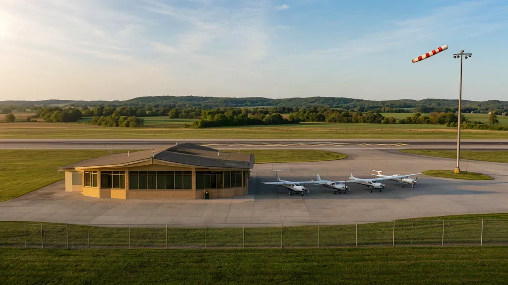 Kleines Terminal der allgemeinen Luftfahrt und Flugzeugvorfeld am Poplar Bluff Municipal Airport in Missouri unter klarem Nachmittagshimmel