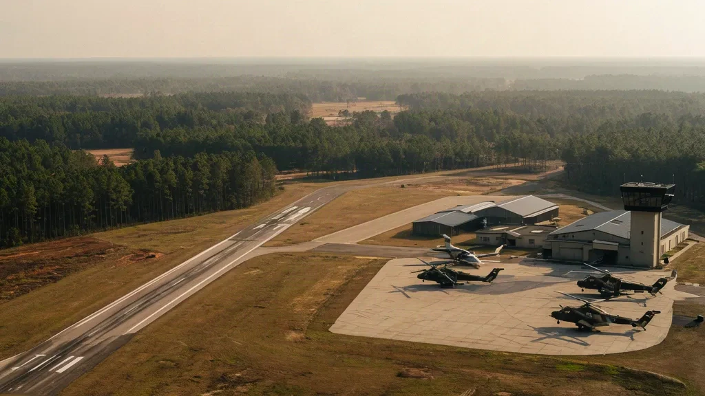 Aerial view of Polk Army Airfield at Fort Johnson, Louisiana, with runway, apron hangars and surrounding pine forest in late afternoon light